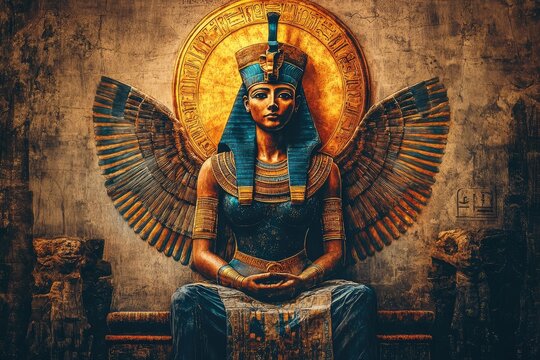 Ancient Egyptian mural: divine figure, pharaoh imagery, sacred artwork, royal icon, historical depiction, religious art, cultural heritage, hieroglyphic style, symbolic representation, regal painting.