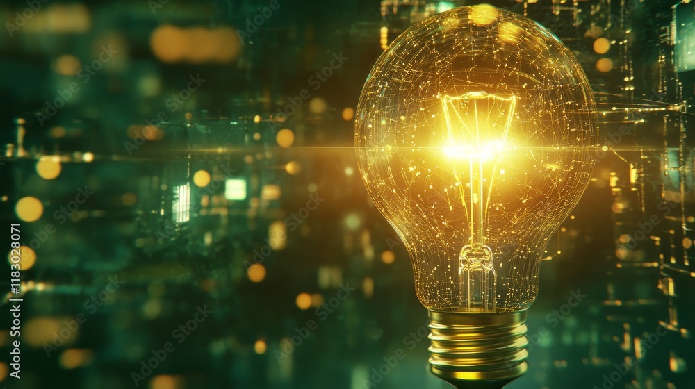 Poster illuminating innovation: a close-up view of a glowing light bulb with digital background representin