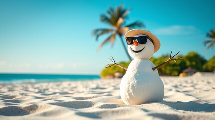 A playful snowman on a sunny beach accessorized with sunglasses, radiating summer vibes