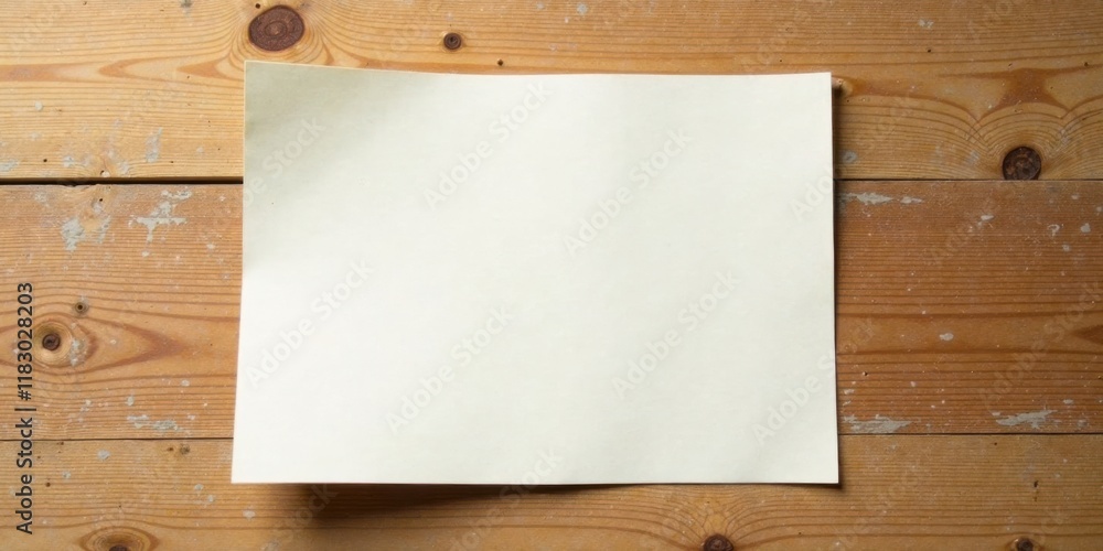 Poster blank cream paper on rustic wooden surface for note taking or message