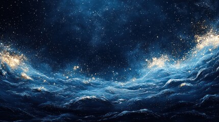 Obraz premium Dark blue cosmic landscape with glowing waves and stars.