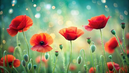 Fototapeta premium Vibrant Red Poppies in a Sunlit Meadow with a Dreamlike, Soft Focus Background
