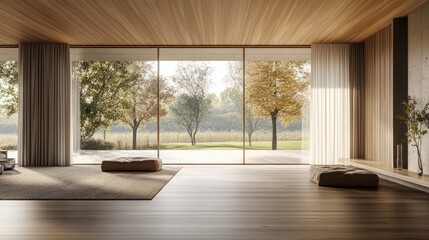 Serene Minimalist Living Room with Panoramic Autumnal View