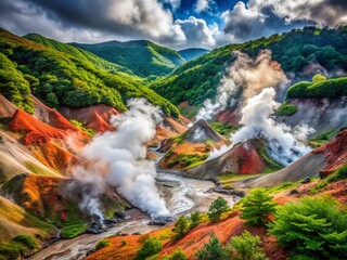 Fototapeta premium Jigokudani Hell Valley, Noboribetsu, Hokkaido, Japan: Steaming Geothermal Landscape Stock Photo