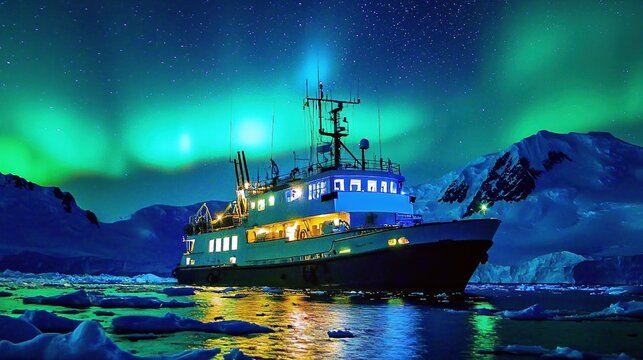The Antarctic Aurora: A Natural Light Phenomenon Displaying Dynamic Patterns of Brilliant Colors in the Southern Sky.  