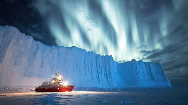 The Antarctic Aurora: A Natural Light Phenomenon Displaying Dynamic Patterns of Brilliant Colors in the Southern Sky.  