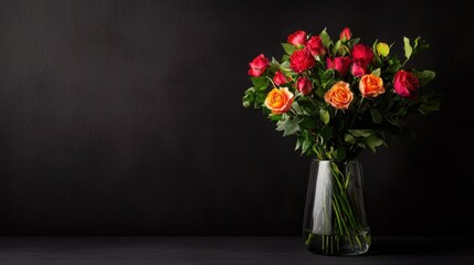 Naklejka premium Vibrant roses in a glass vase against a dark background