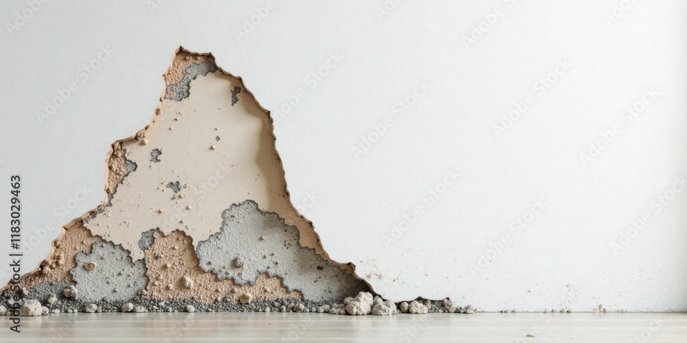 Poster damaged wall section showing extensive plaster deterioration and underlying structure
