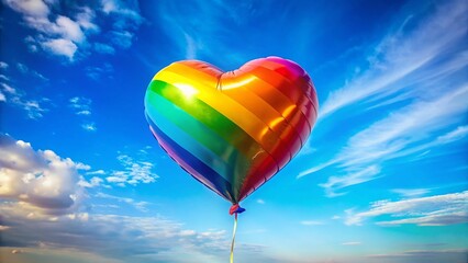 Fototapeta premium Joyful Rainbow Heart Balloon Floating Against a Sunny Sky - Stock Photo