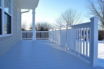 Spacious house deck with white railings, snowy background. Perfect for real estate, home improvement, or winter themes.