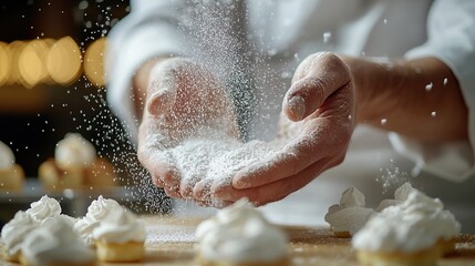 Pastry chef delicately sprinkles powdered sugar on freshly baked desserts