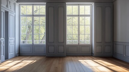 Sunlit room with large windows and gray paneling. Ideal for showcasing interior design, real estate, or home decor.