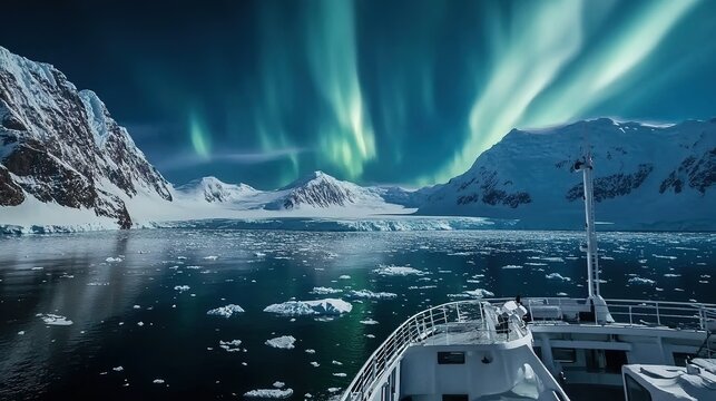 The Antarctic Aurora: A Natural Light Phenomenon Displaying Dynamic Patterns of Brilliant Colors in the Southern Sky.  