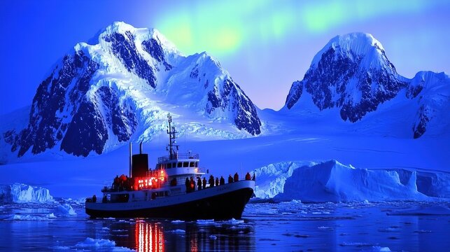 The Antarctic Aurora: A Natural Light Phenomenon Displaying Dynamic Patterns of Brilliant Colors in the Southern Sky.  