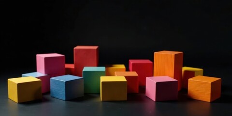 Fototapeta premium Colorful Wooden Blocks Arranged in Abstract Composition on Dark Background