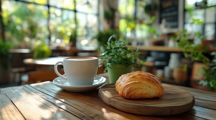 Coffee and pastry on wooden table in cafe.