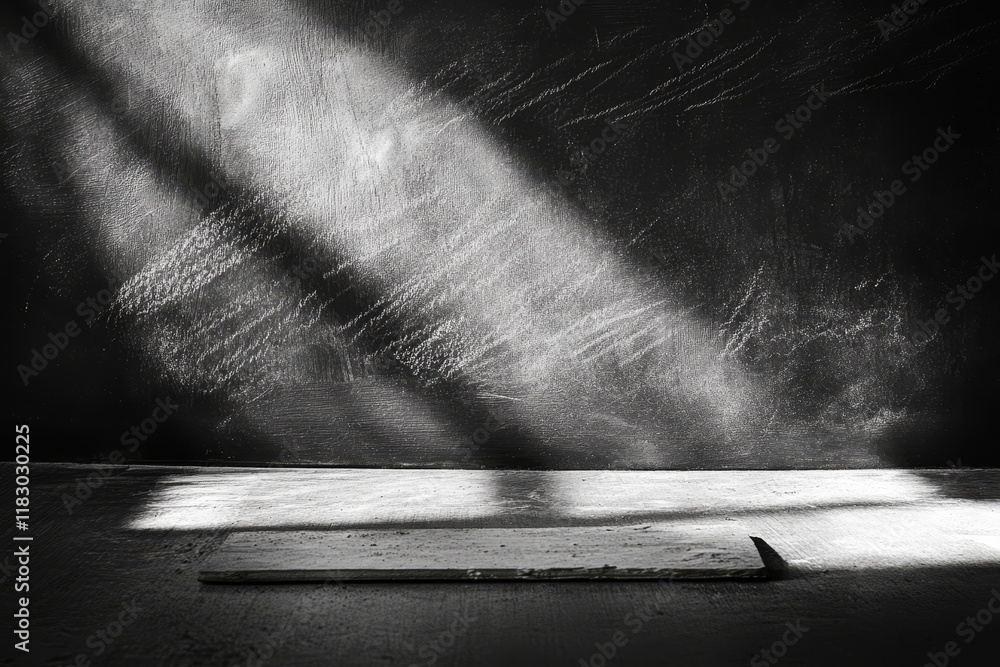 Poster light and shadow play on dark surface with empty slate, evocative minimalist composition ideal for a
