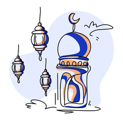 Vibrant flat illustration capturing the spirit of Ramadan. Features iconic symbols like the crescent moon, lanterns, and a grand mosque. Perfect for festive designs and social media