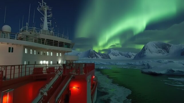 The Antarctic Aurora: A Natural Light Phenomenon Displaying Dynamic Patterns of Brilliant Colors in the Southern Sky.  