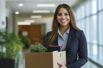 Young Hispanic businesswoman holding a box of supplies and a plant on first day of work, copy space