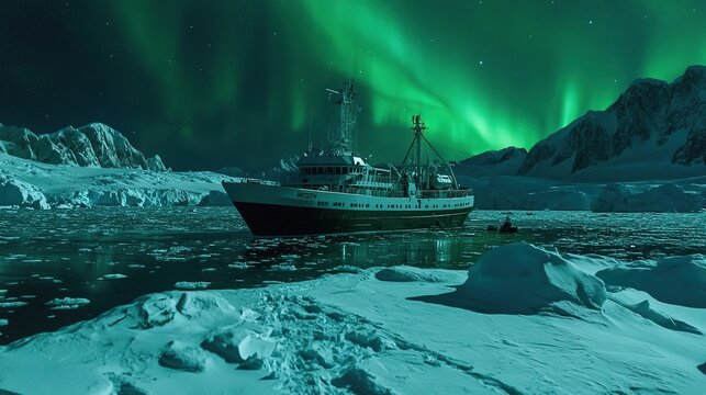 The Antarctic Aurora: A Natural Light Phenomenon Displaying Dynamic Patterns of Brilliant Colors in the Southern Sky.  