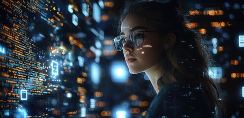 Naklejka premium AI developer at night, holographic code and cybersecurity around.