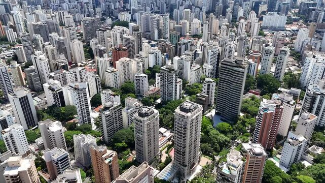 Aerial video above Parque Ibirapuera Sao Paulo on a sunny day