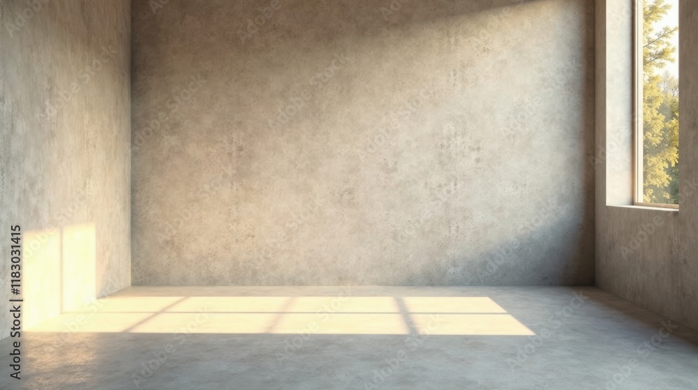 Poster sunlit empty room with concrete walls and floor