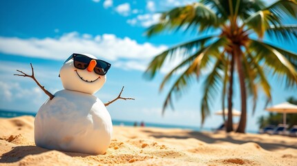 A playful snowman on a sunny beach accessorized with sunglasses, radiating summer vibes
