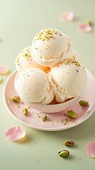 Delicious pistachio ice cream served in a pink bowl with floral decoration.