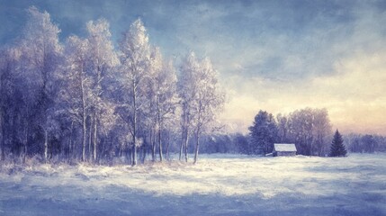 Winter wonderland, frosty trees, snow-covered field, tranquil cabin sunrise
