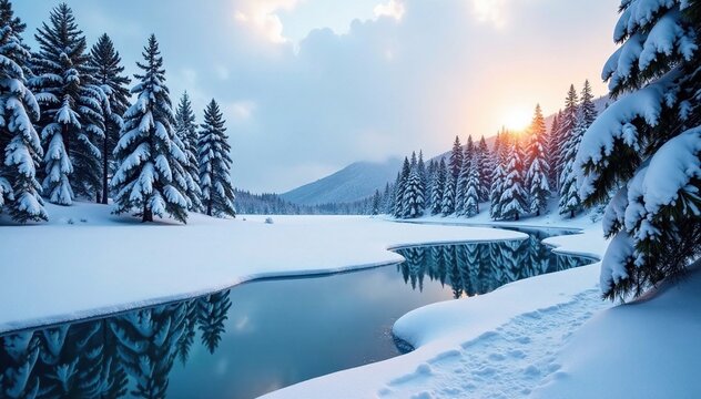 A frozen lake in the heart of the snowy forest, winter scenery, snow-covered landscape