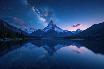 A majestic mountain peak reflected in a serene lake under a starry night sky, reflection, serenity, stars