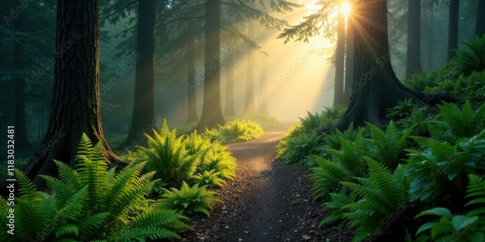 Poster Sunlit Path Through a Misty Forest of Tall Trees and Lush Ferns