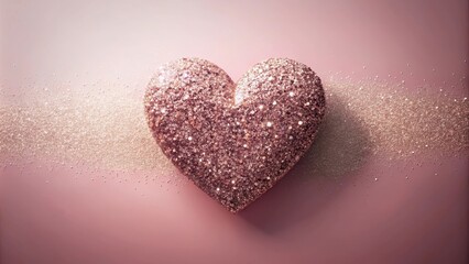 Fototapeta premium A shimmering rose gold glitter heart rests on a soft pink background, adorned with a delicate dusting of sparkling particles.