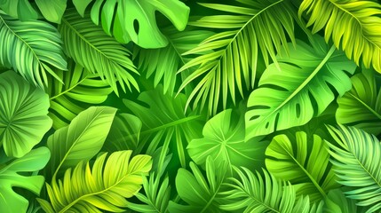 Lush Green Tropical Leaves Background with Vibrant Shades of Green, Exotic Foliage Texture for Nature Themes, Jungle Design, and Environmental Concepts