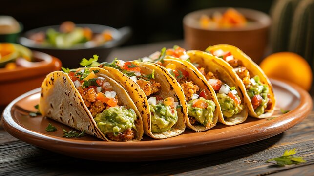 Delicious tacos filled with fresh ingredients on a rustic wooden table.