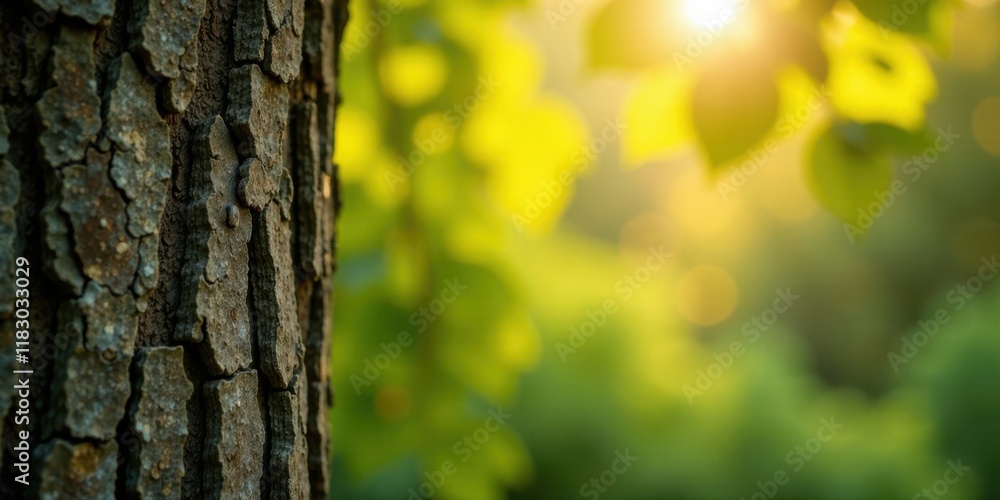 Aufkleber sunlit tree bark texture against a soft focus green background