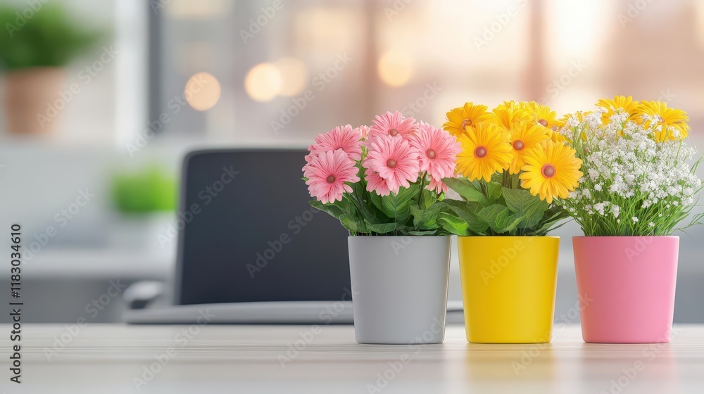 Poster vibrant display of three colorful flowers in a decorative pot on a wooden table creating a cheerful 