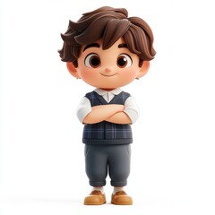 Cute Cartoon Character of a Child in Student Uniform with Cheerful Smile