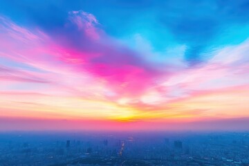 Naklejka premium A city sits under a surreal horizon at dawn, with swirling clouds and vibrant colors, captured from an aerial view