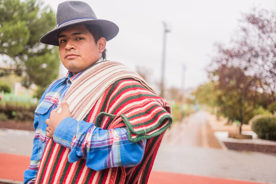 Ecuadorian chagra man wearing traditional clothes and hat celebrating independence dia hispanidad