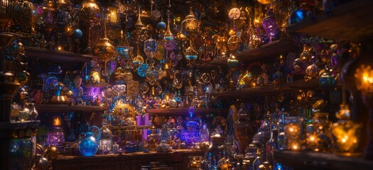 Enchanted collection of antique jars and colorful lamps in a mystical shop filled with shimmering lights and magical atmosphere