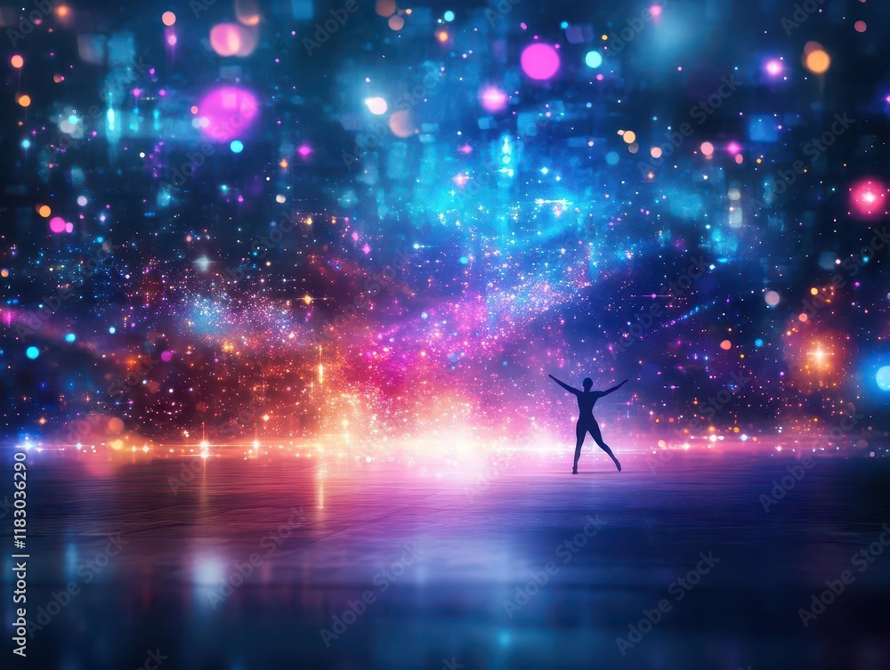 Poster a solitary figure immersed in a dark room illuminated by vibrant colorful lights creating a moody an