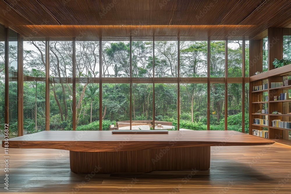 Poster modern and minimalist library space with large wooden table surrounded by floor-to-ceiling windows o