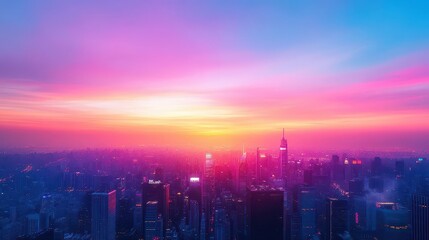 Fototapeta premium A dynamic virtual exchange panorama alive with movement, set against a twilight skyline, viewed from a high angle