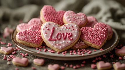 Obraz premium plate of heart-shaped cookies decorated with pink and red icing, some featuring 