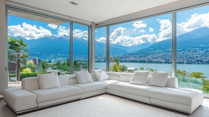 Fototapeta premium Luxury Lakeside Villa with Breathtaking Mountain Views