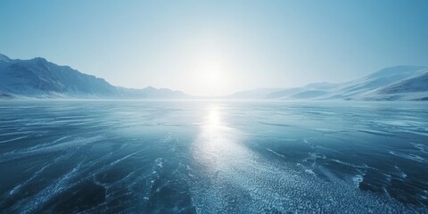 Empty ice surface, frozen mountain lake, winter mountains landscape with copy space  - ai