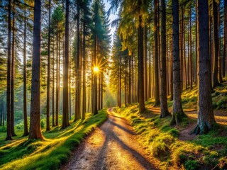 Naklejka premium Jura Mountains France: Scenic Pine Tree Trail Stock Photo